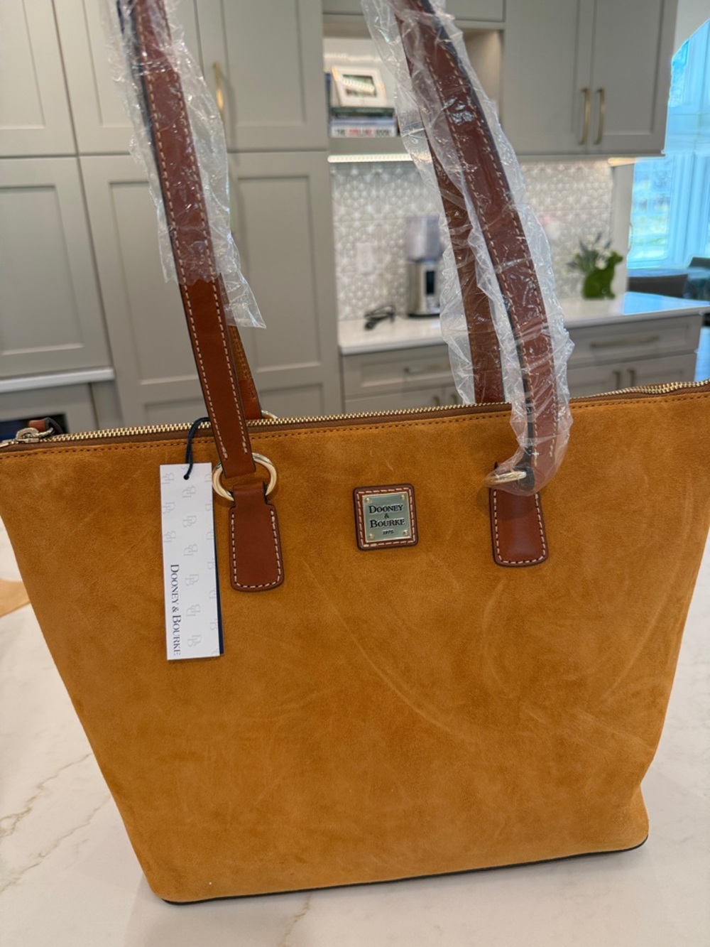 NWT Dooney & Bourke Mustard Suede Tote with Leather Trim